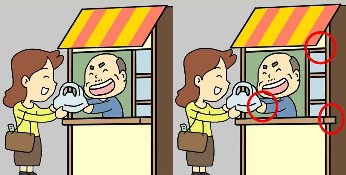 Spot 3 differences lady and shopkeeper solution