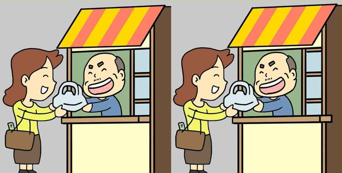 Spot 3 differences lady and shopkeeper
